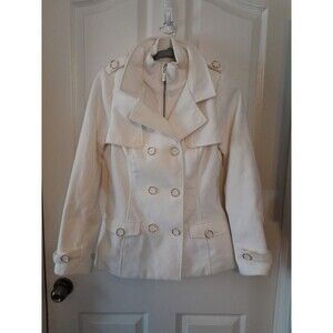 Vint Guess Women’s Small White Dress Coat Underline Zip Up Front Gold Buttondown